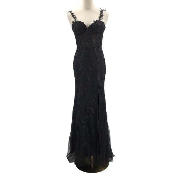 FORMAL SZ 2 XS Black embroidered lace up corset prom party mermaid maxi B101 - Picture 1 of 8